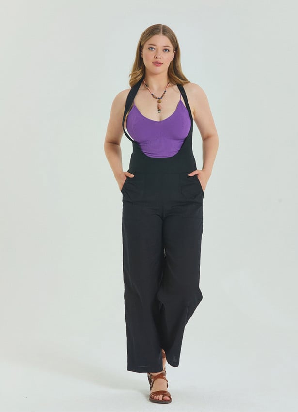 Zipper Detailed Pocket Black Womens Bohemian Jumpsuit 4674